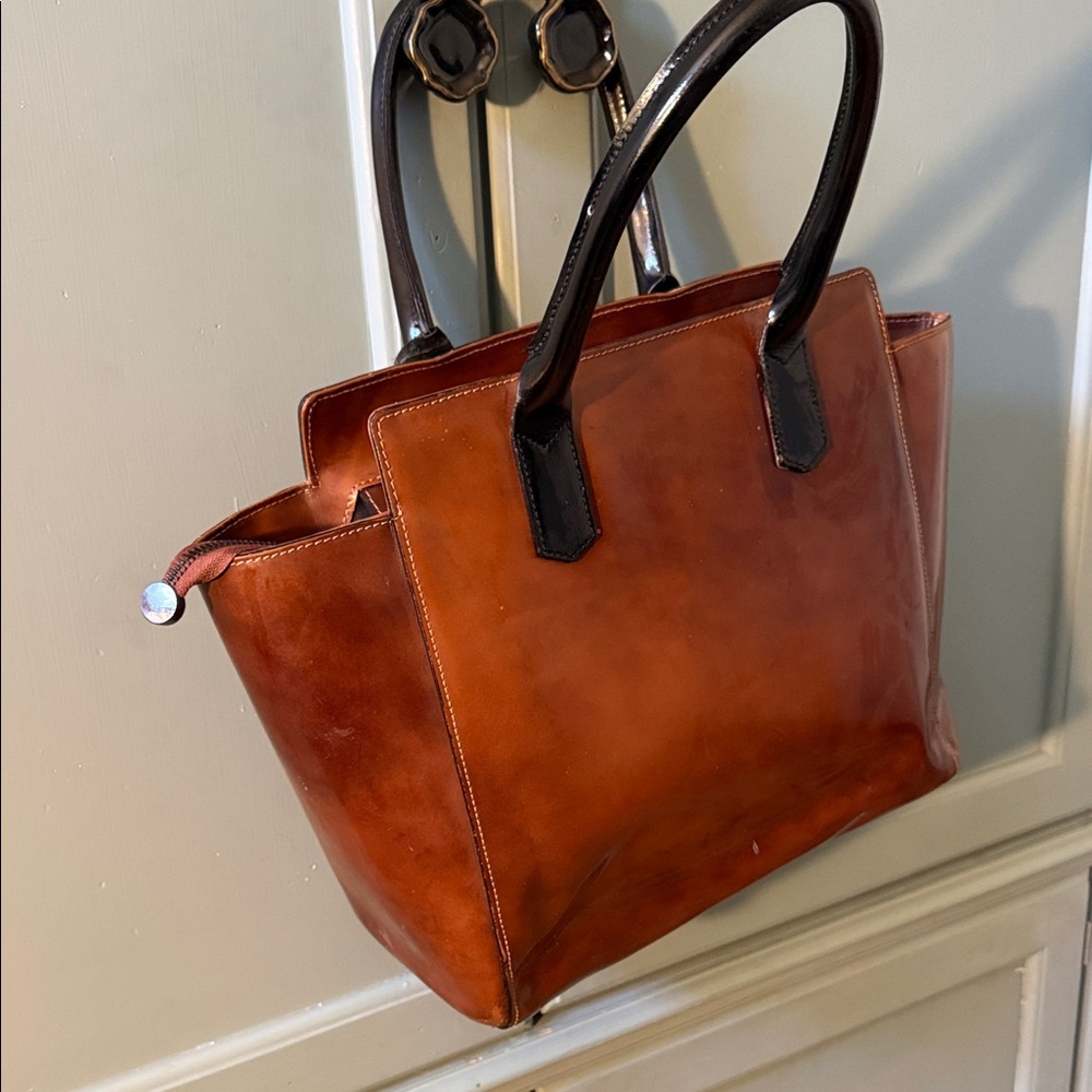 Structured Cognac Leather Tote with Dark Brown Handles - Picture 3 of 6